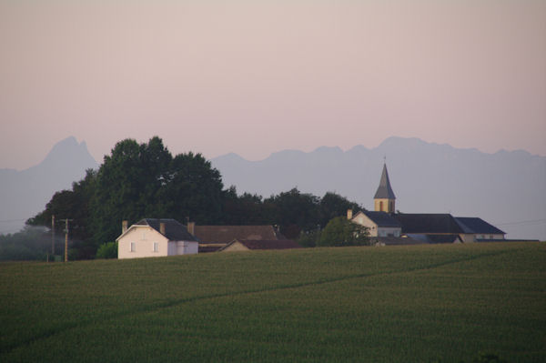 Vigne et son glise,  gauche, le Pic du Midi d_Ossau