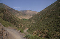 Paysages verdoyants entre Tassa Wirgane et Azersfane, au fond, le Jbel Tasghimout