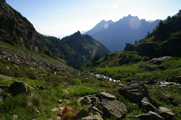 Le vallon du ruisseau de la Lie, au fond, le Pic de Sarret et pe Pic du Midi d_Arrens